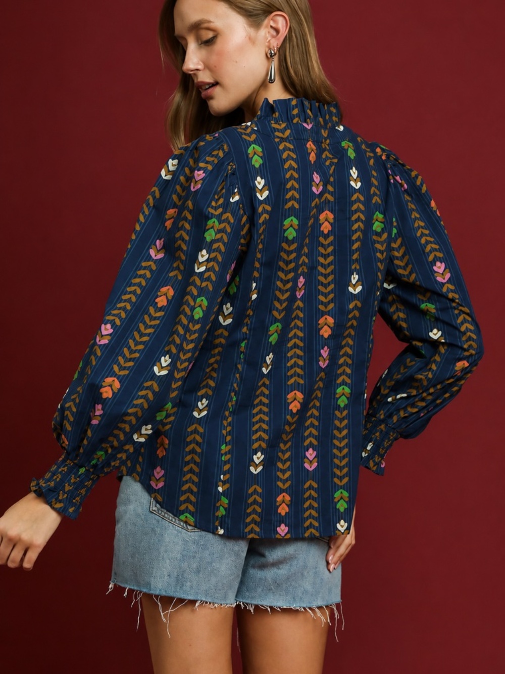 Umgee Midnight Mix Printed Blouse Ruffle V-Neck Boho Top NWT - Picture 6 of 9